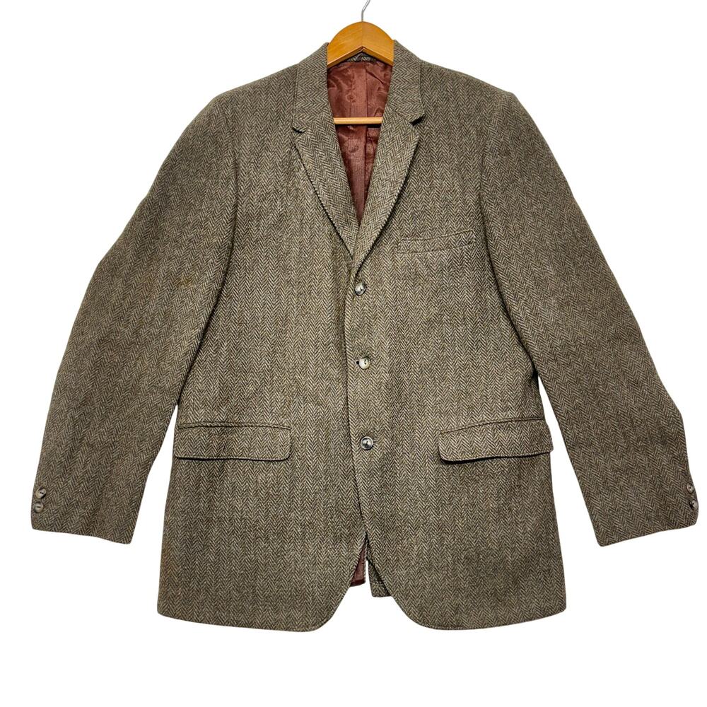 Vintage Harris Tweed Blazer Jacket 42 Mens Brown Scottish Wool Sport Coat Union